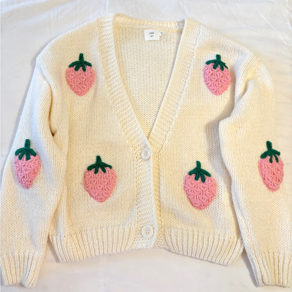 Luna Ivy Knit Cardigan with Pink Strawberry Accents